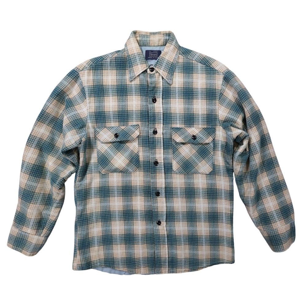 Sears Quilted Flannel Shirt Jacket Mens Medium Blue Plaid Excellent Vintage‎